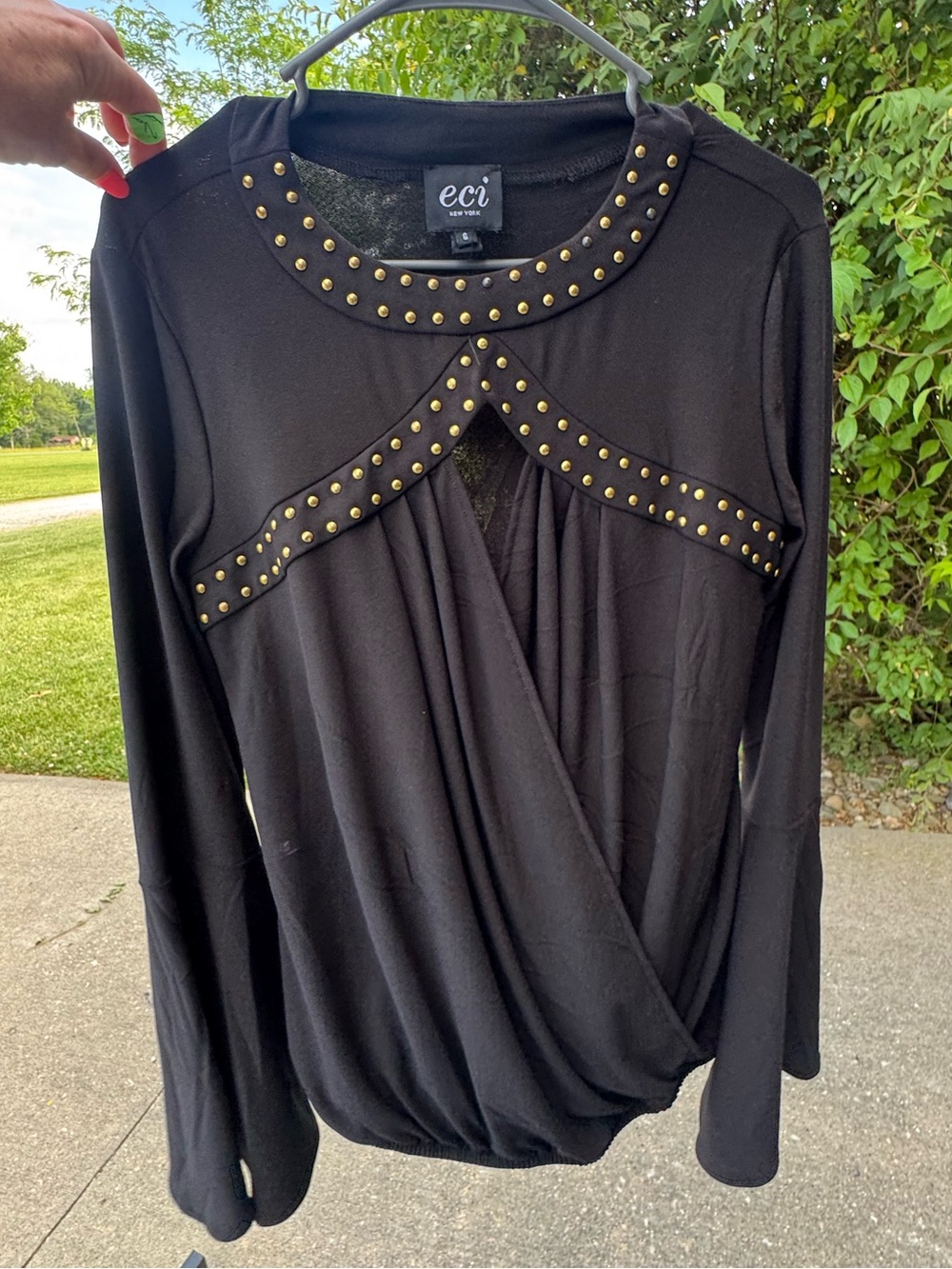 eci Black Stud-Accent Long Sleeve Wrap Top